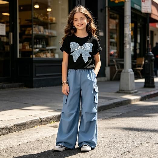 2 Piece Cute Butterfly Print T-Shirt Tops & Cargo Pants Spring Summer Outfits Teen Tween Girls 9-14Y - Image 3