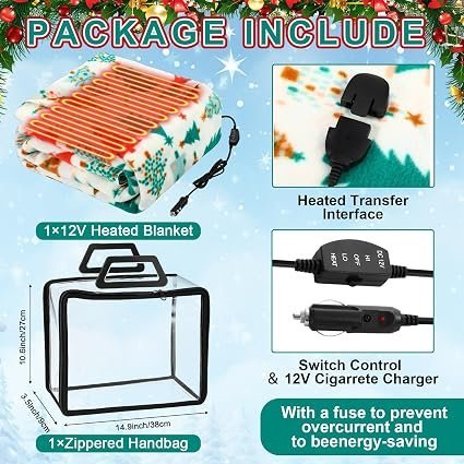 12v Heated Car Blanket Plug in, White Green, Xmas Tree - Image 2