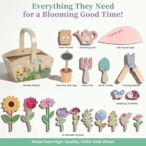 Wooden Pretend Play Toys for Kids, 22Pcs Flower Garden Playset