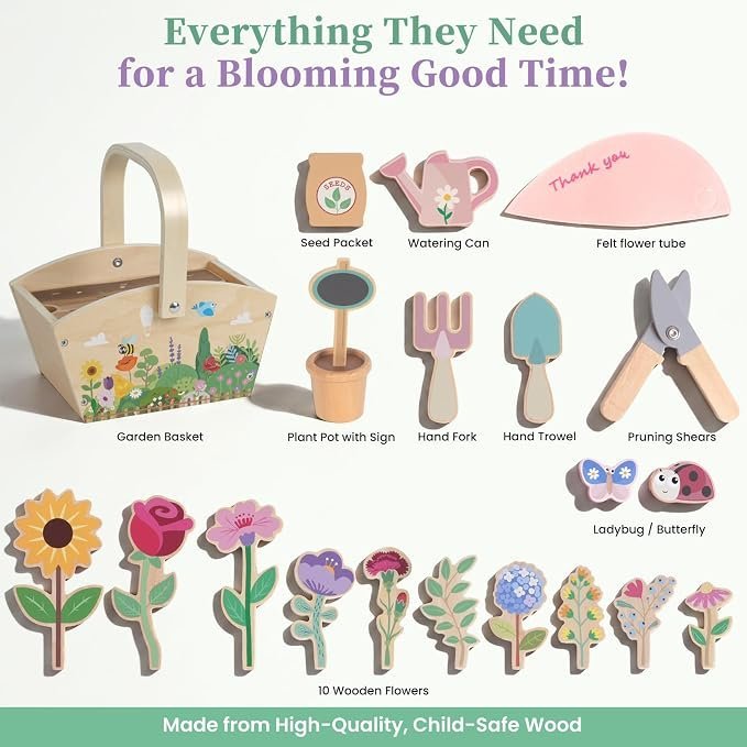 Wooden Pretend Play Toys for Kids, 22Pcs Flower Garden Playset - Image 2