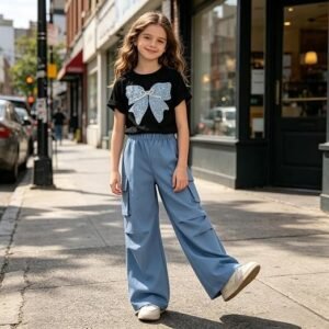 Girls 2 Piece Outfit Drop Shoulder Sleeve Tops Paperbag Shorts Set