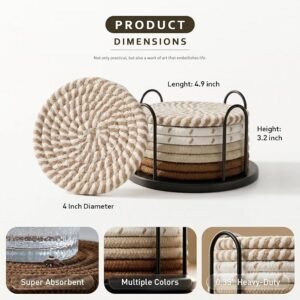 Coasters Set of 8 for Drinks, 4 Inch Large Coasters for Coffee Table